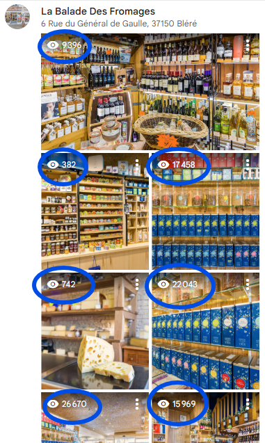 Vignettes de la visite virtuelle google de la balade des fromages à Bléré en indre et loire avec le nombre de vues de chaque vignette entouré en bleu