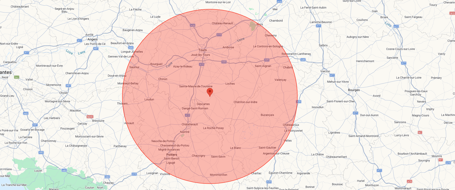 Carte google maps avec un cercle de 100 km représentant la zone d'intervention de guillaume Hareux photographe incluant Tours Poitiers Châteauroux